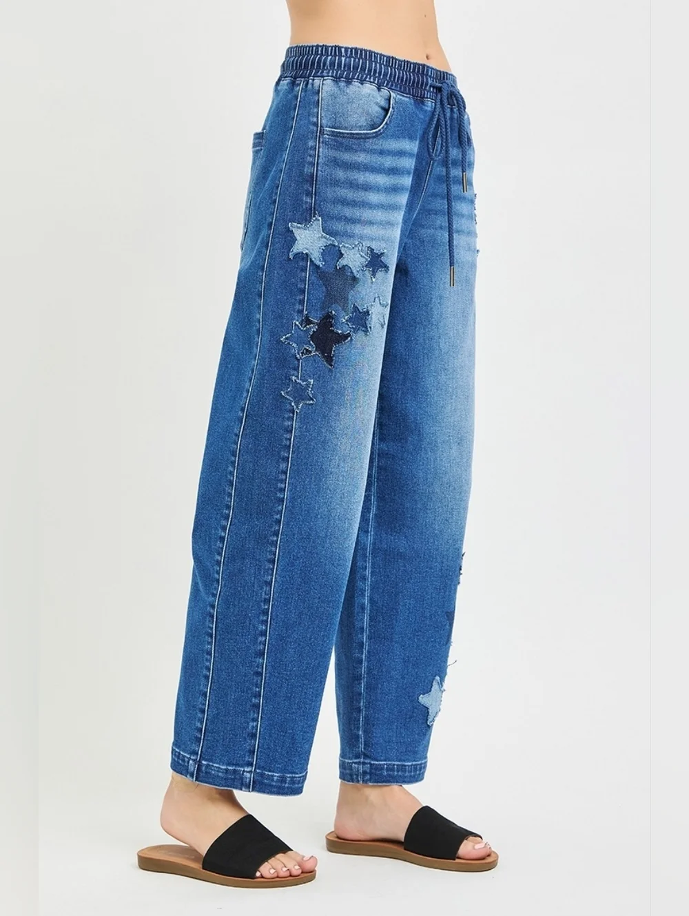 RISEN HR Dark Wash Slouchy Barrel Jeans Star Patch Elastic Waist Various NEW - Picture 4 of 7